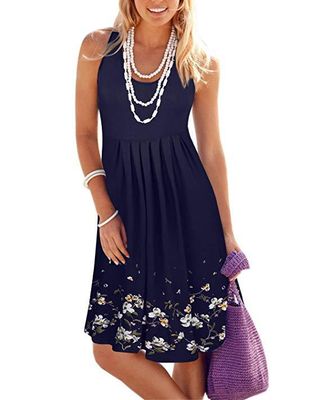 Color: Navy, Size: 2XL - Sleeveless Floral Print Loose Summer Dress Fashion Casual Women Dress