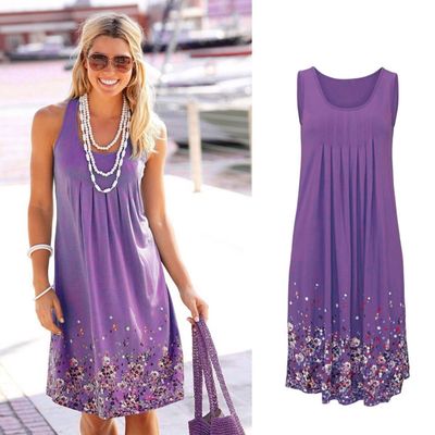 Color: Purple, Size: 4XL - Sleeveless Floral Print Loose Summer Dress Fashion Casual Women Dress