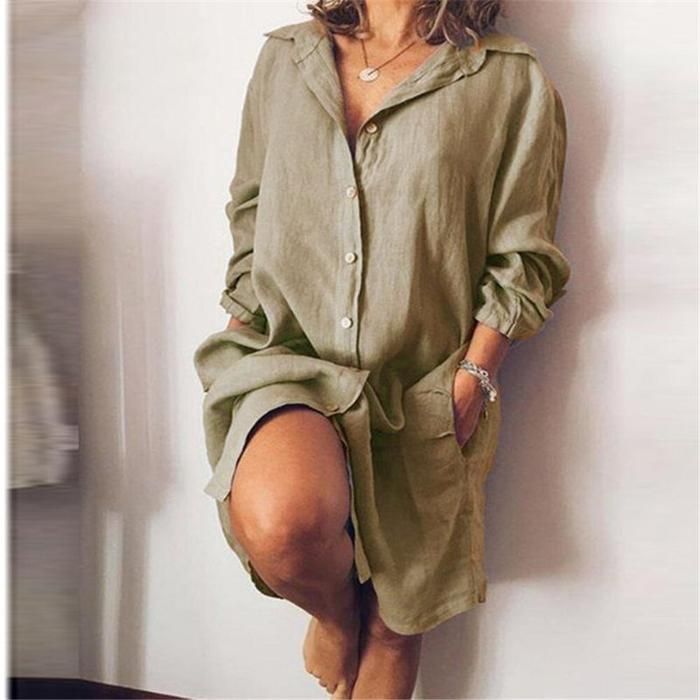 Color: Khaki, Size: 4XL - 2022 Loose Mid Length Shirts Women Dress Cover-ups Tunics For Mini Dress