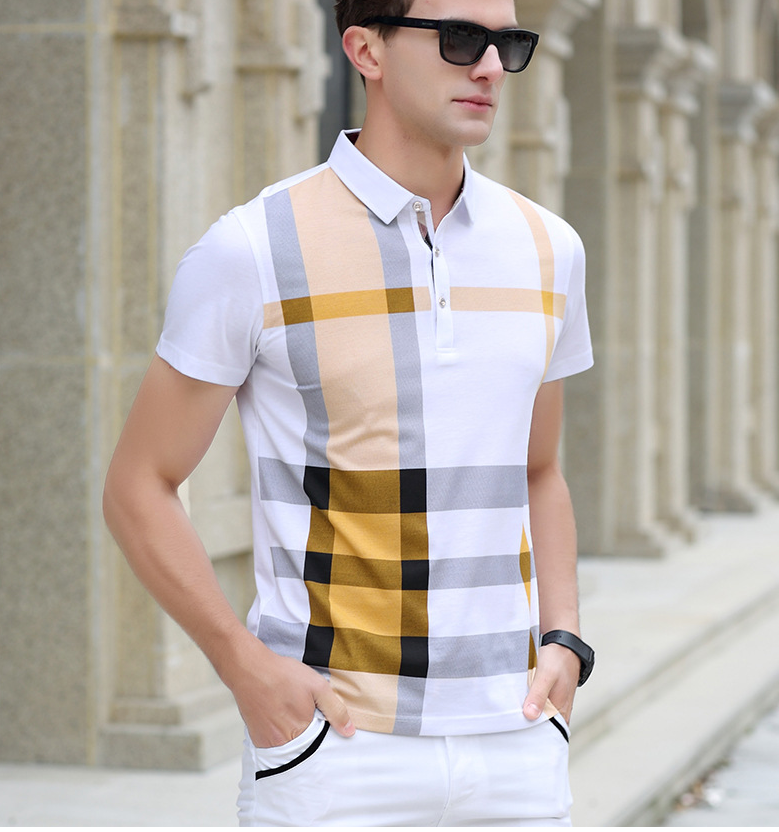 Color: Yellow, Size: 3XL - Lapel plaid men&#39;s short-sleeved t-shirt Men&#39;s cotton T-shirt Men&#39;s clothing
