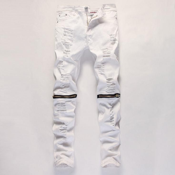 Size: 32, Color: White - Sibren Zipper Ripped Jeans