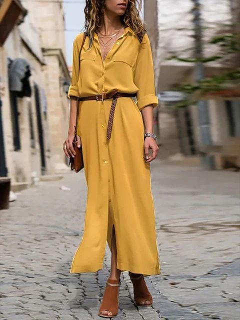 Color: Yellow, Size: S - Fashion Women Casual Long Sleeve Dress Loose Long Blouse Shirt Dress Summer Elegant Dresses