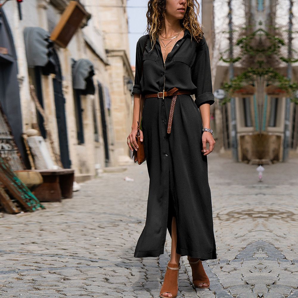 Color: Black, Size: S - Fashion Women Casual Long Sleeve Dress Loose Long Blouse Shirt Dress Summer Elegant Dresses