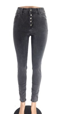 Color: Grey, Size: M - Multi-button chic high-rise skinny long jeans