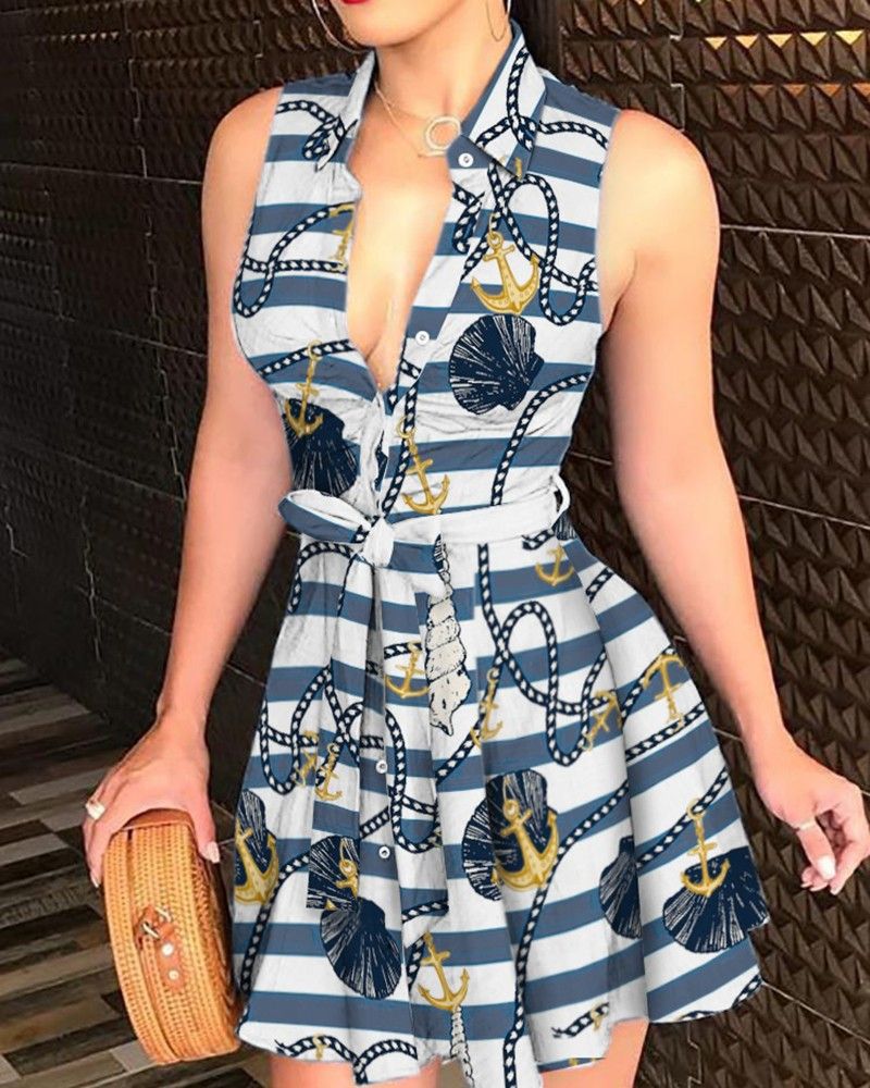 Color: Blue white, Size: S - Women&#39;s V-neck printed dress with dress