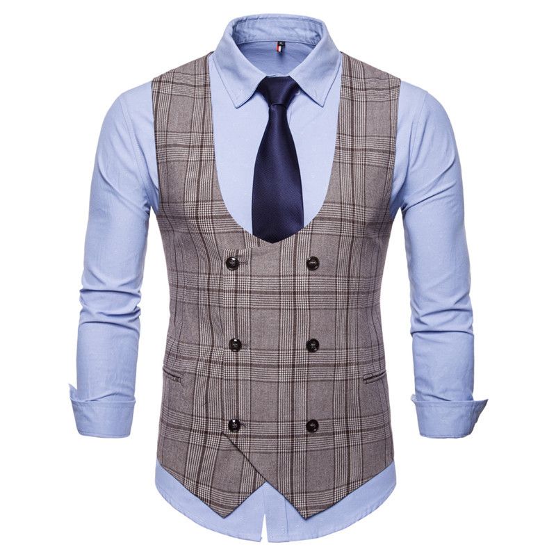 Color: Coffee Check, Size: M - Houndstooth Men&#39;s Fashion Casual Vest Slim Suit Vest Hot Sale