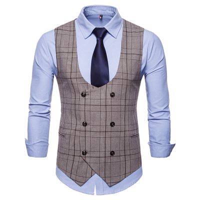 Color: Coffee Check, Size: M - Houndstooth Men&#39;s Fashion Casual Vest Slim Suit Vest Hot Sale