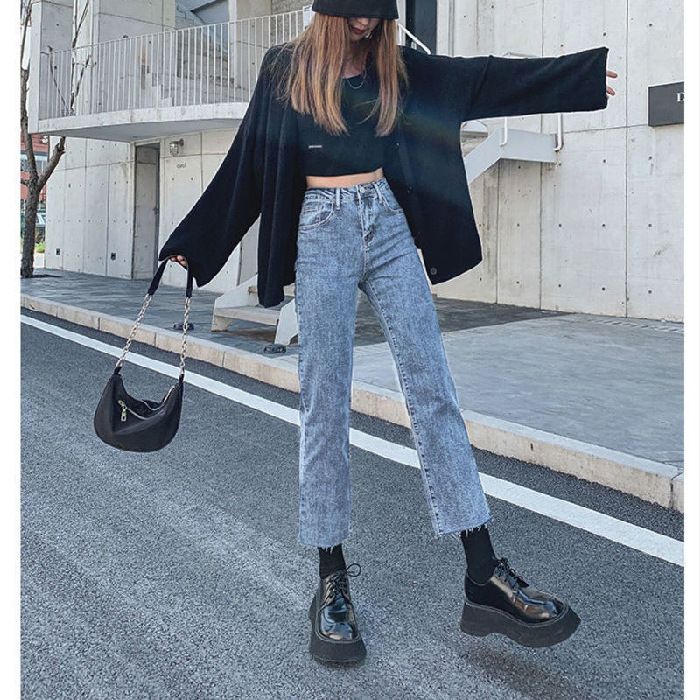 Color: Vintage blue, Size: 2XL - High Waist Slim Black Straight-leg Pants Cropped Jeans