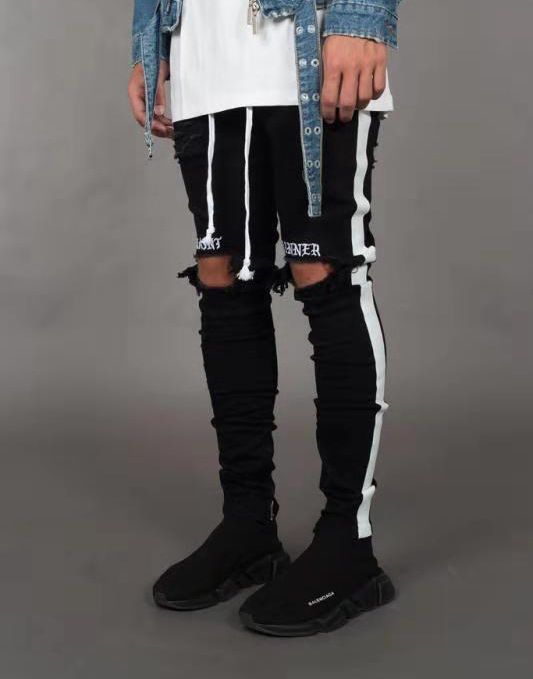 Color: black, Size: S - Trendy Men&#39;s Ripped Jeans Knee Holes Skinny Slim Fit Denim Pants Destroyed Frayed Trousers Fashion Design Side Stripe Black Jean
