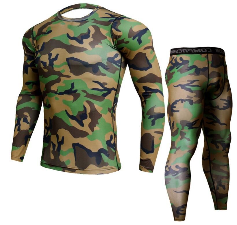 Mens Camouflage Pants &amp; T Shirt Sets Fashion Crossfit T-shirt Compression Brand Clothing Joggers Men Casual Leggings