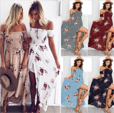 Color: Grey, Size: 2XL - Boho style long dress women Off shoulder beach summer dresses