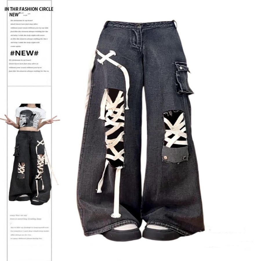 Lace-up Overalls Women&#39;s Low Waist Wide Leg Jeans