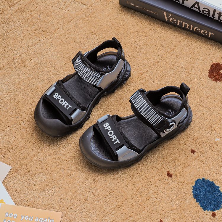 Color: Black, Size: 26 - Boys And Girls Half Toe Cap Sports Sandals