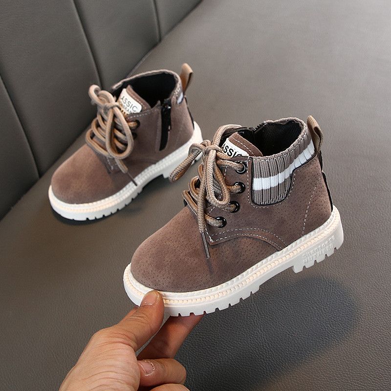 Color: Single gray, Shoe size: 30 - Children&#39;s Cotton Shoes Flying knit Boy Martin Boots Girls Plush Snow Boots