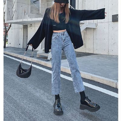 Color: Vintage blue, Size: 2XL - High Waist Slim Black Straight-leg Pants Cropped Jeans