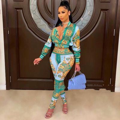 Color: Green, Size: L - Women&#39;s Digital Printing Two-piece Suit