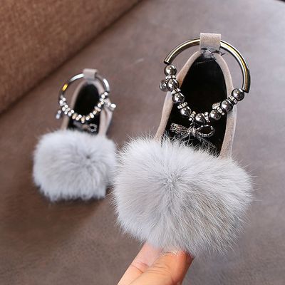 Color: Grey, Size: 30 - Girls&#39; Princess Shoes With Flat Bow And Fur