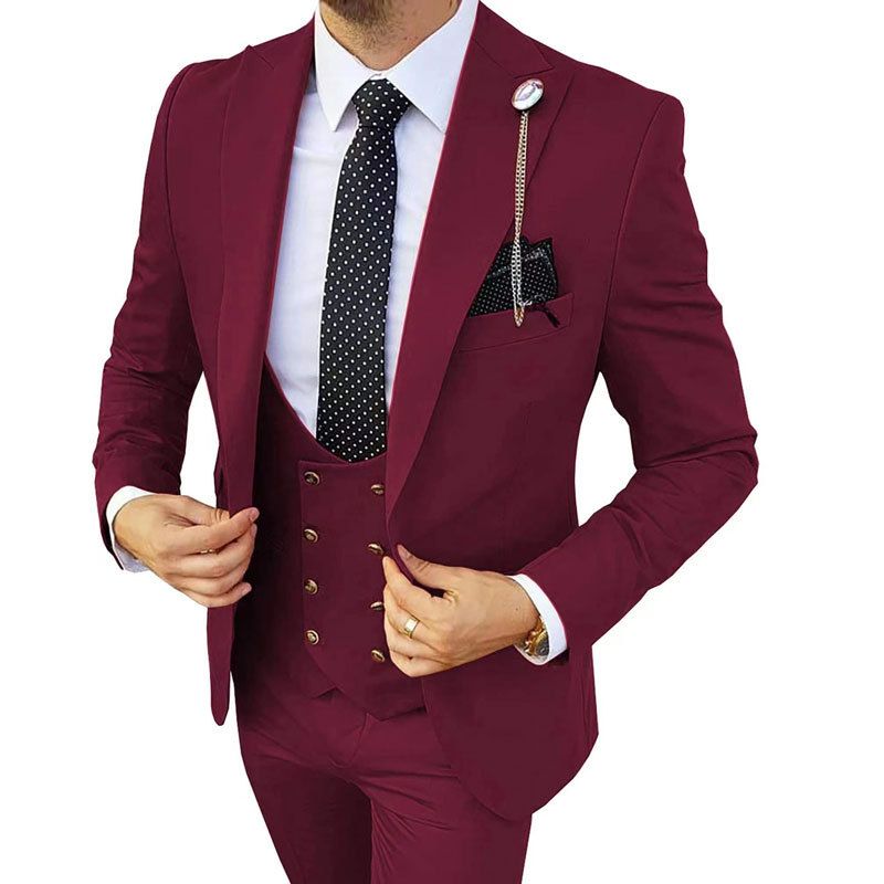 Color: Wine Red, Size: 7xl - Fashion Men&#39;s Three Piece Suit Appear Thin