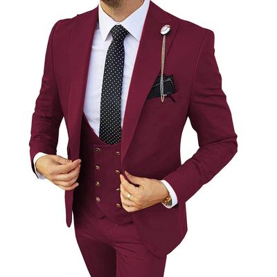 Color: Wine Red, Size: 7xl - Fashion Men&#39;s Three Piece Suit Appear Thin