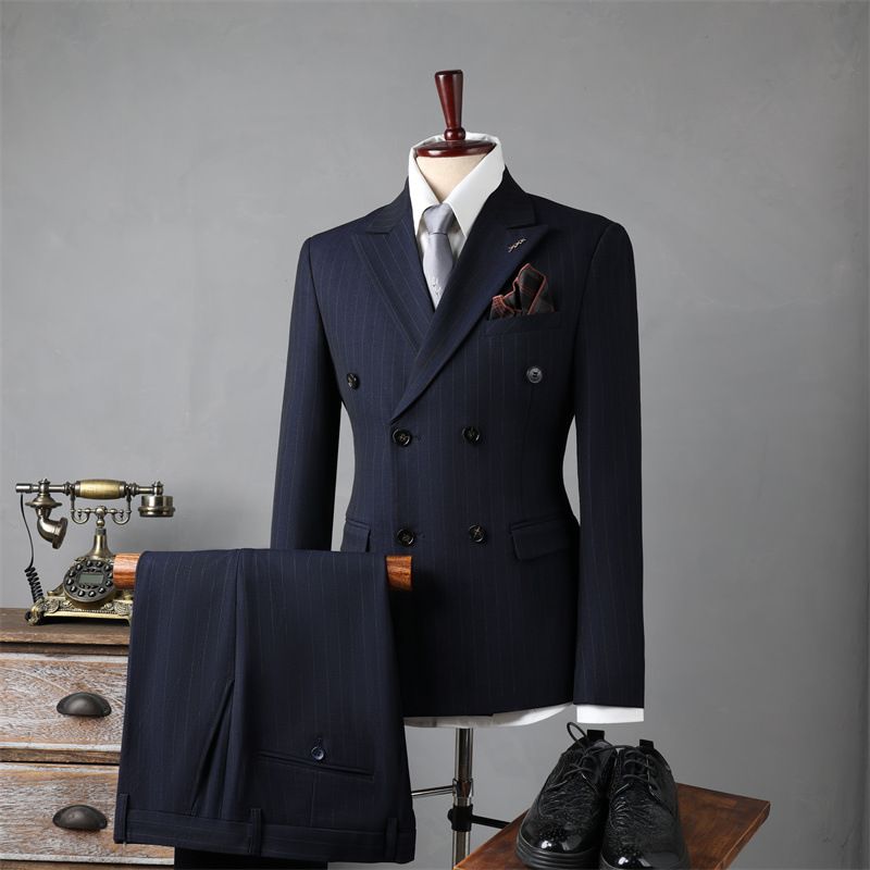 Color: Blue Suit Trousers, Size: L - Double Breasted Stripes Suit Men&#39;s Suits