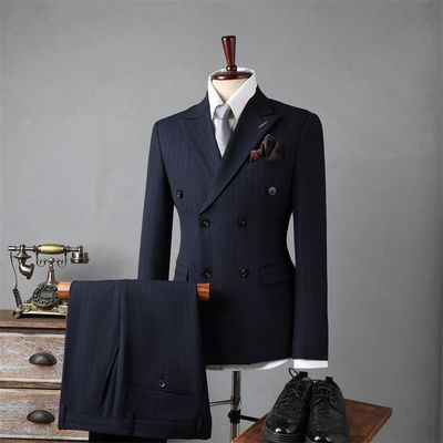 Color: Blue Suit Trousers, Size: L - Double Breasted Stripes Suit Men&#39;s Suits