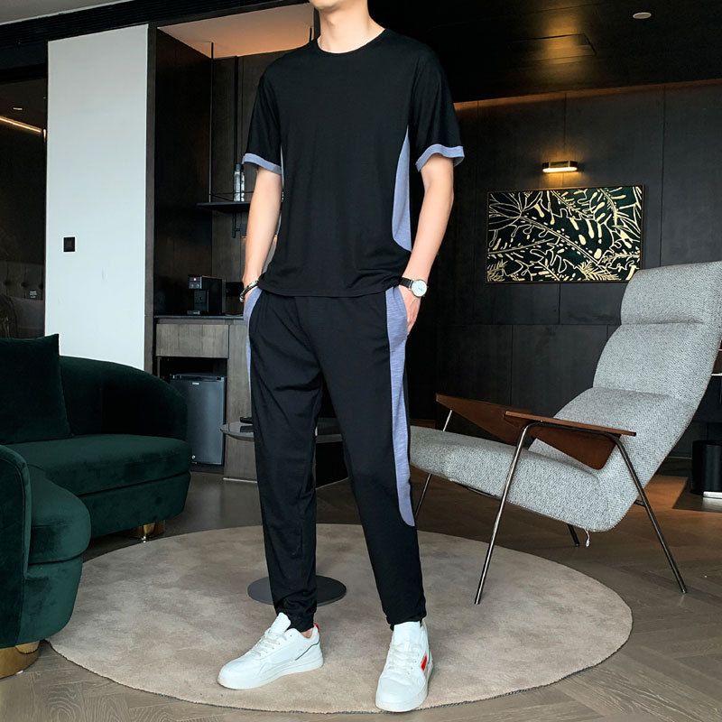 Color: Black, style: trousers-3XL, Size:  - Men&#39;s Short Sleeve T-shirt Sports Suit