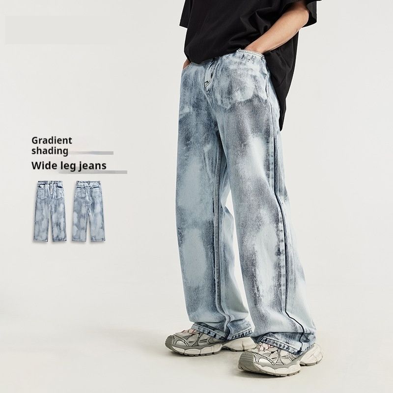 Men&#39;s Clothing Gradual Layer Blooming Wide Leg Street Cool Loose Jeans