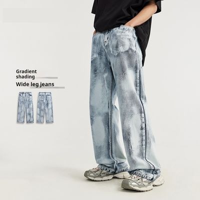 Men&#39;s Clothing Gradual Layer Blooming Wide Leg Street Cool Loose Jeans