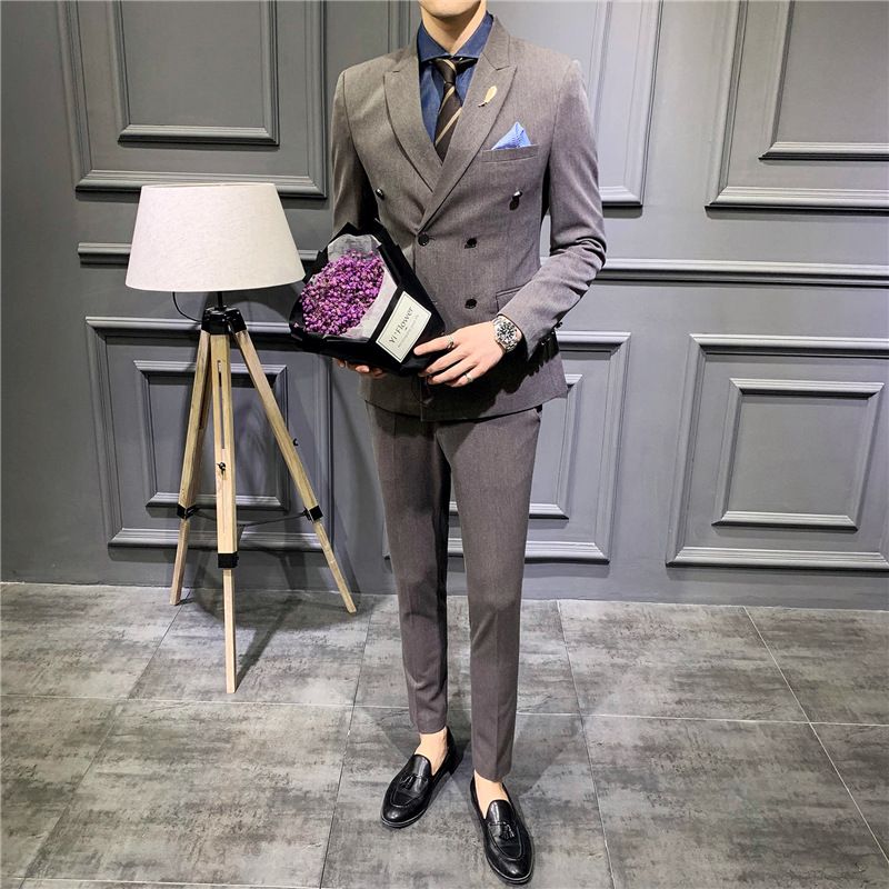 Color: Brown, Size: Suit single piece S - Suit Men&#39;&#39;s Suit Slim Fit Korean Business Leisure Double Breasted Single Western Formal Dinner Dress Bridegroom Suit Coat