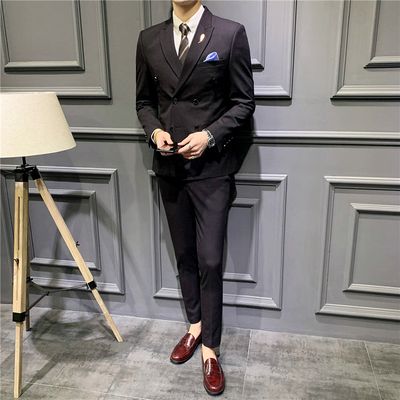 Color: Dark Red, Size: 29 - Suit Men&#39;&#39;s Suit Slim Fit Korean Business Leisure Double Breasted Single Western Formal Dinner Dress Bridegroom Suit Coat