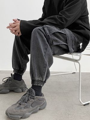 Color: Black, Size: 5XL - Fat Japanese Vintage washed jeans men&#39;&#39;s large loose street fashion brand spring and autumn youth overalls Leggings