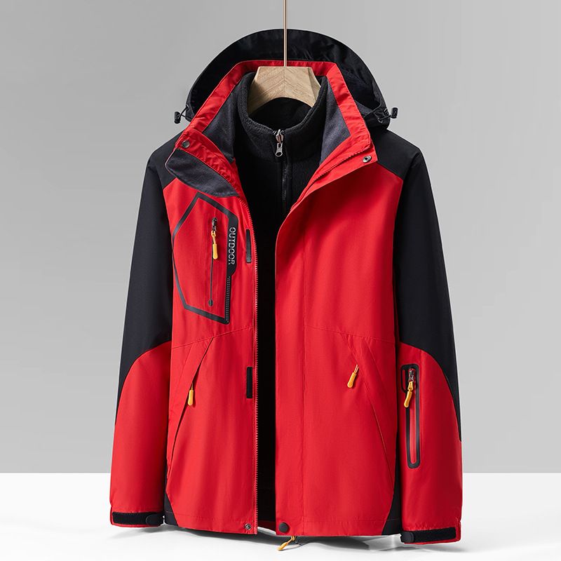 Color: Red Men&#39;s, Size: 4XL - Three-in-one Outdoor Fleece Coat Thickened Mountaineering Clothing