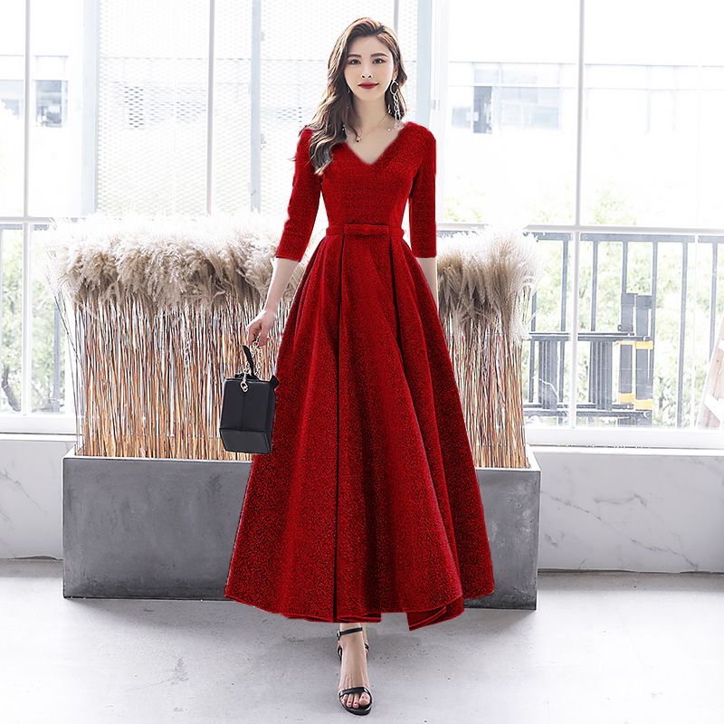 Color: Wine Red Long, Size: L - Women&#39;s Fashion Temperament Mid-length Birthday Dress
