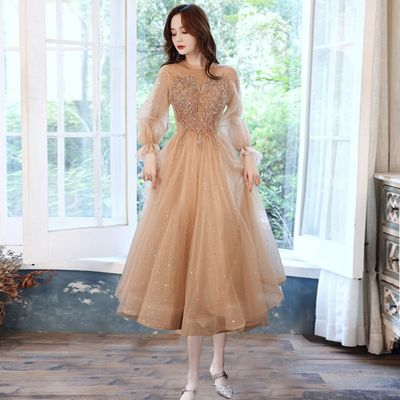 Color: MIDI Style, Size: M - Women's Fashion Champagne Evening Dress