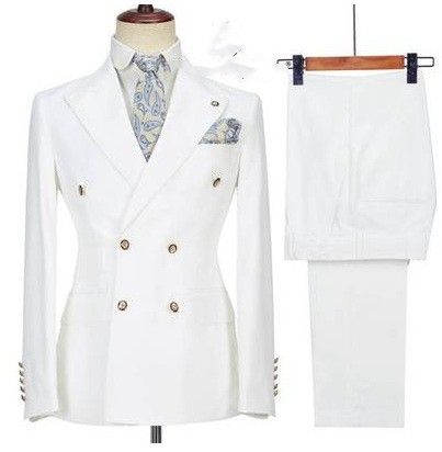 Color: White, Size: XS - Men&#39;s Two-piece Suit Double Breasted