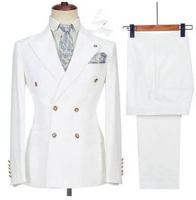 Color: White, Size: XS - Men&#39;s Two-piece Suit Double Breasted