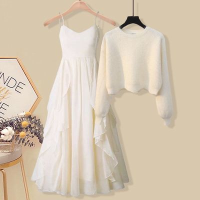 Color: White 2PCs Set, Size: M - Women&#39;s Knitted Sweater Loose Sling Dress Suit