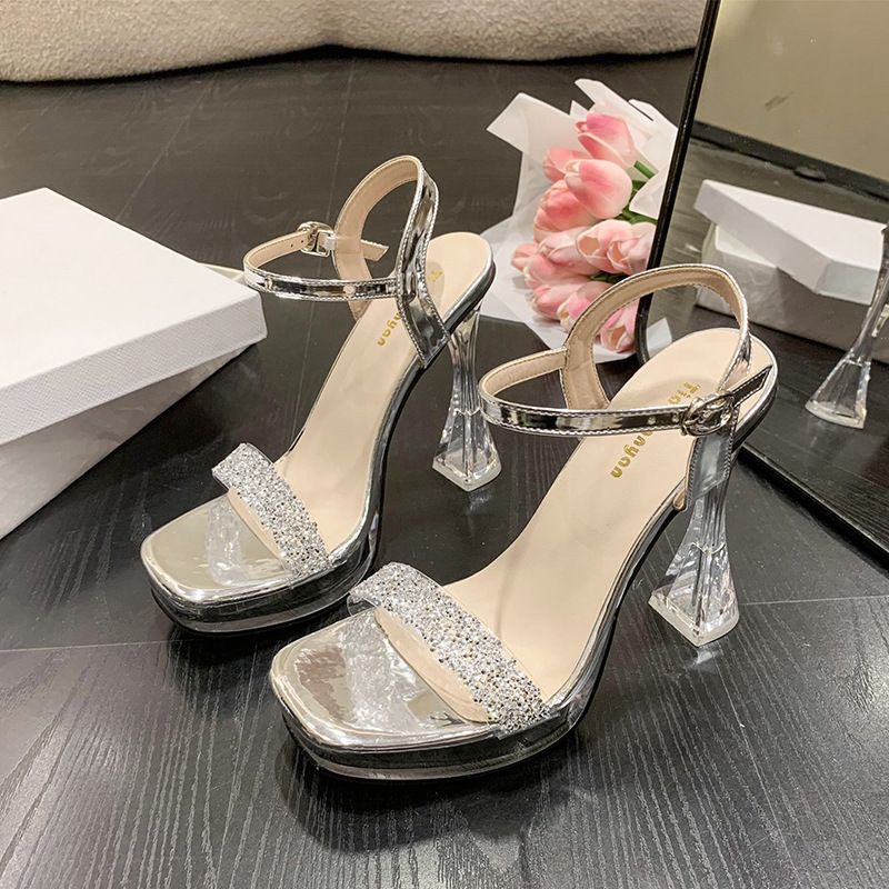 Color: Silver 10CM, Size: 39 - Buckle Transparent Strap Rhinestone Thick Heel Super High Heel Casual Fashion Sandals