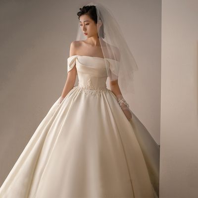 Color: Trailing Style, Size: L - Women&#39;s Satin Off-shoulder Retro Fashion Trailing Wedding Dress
