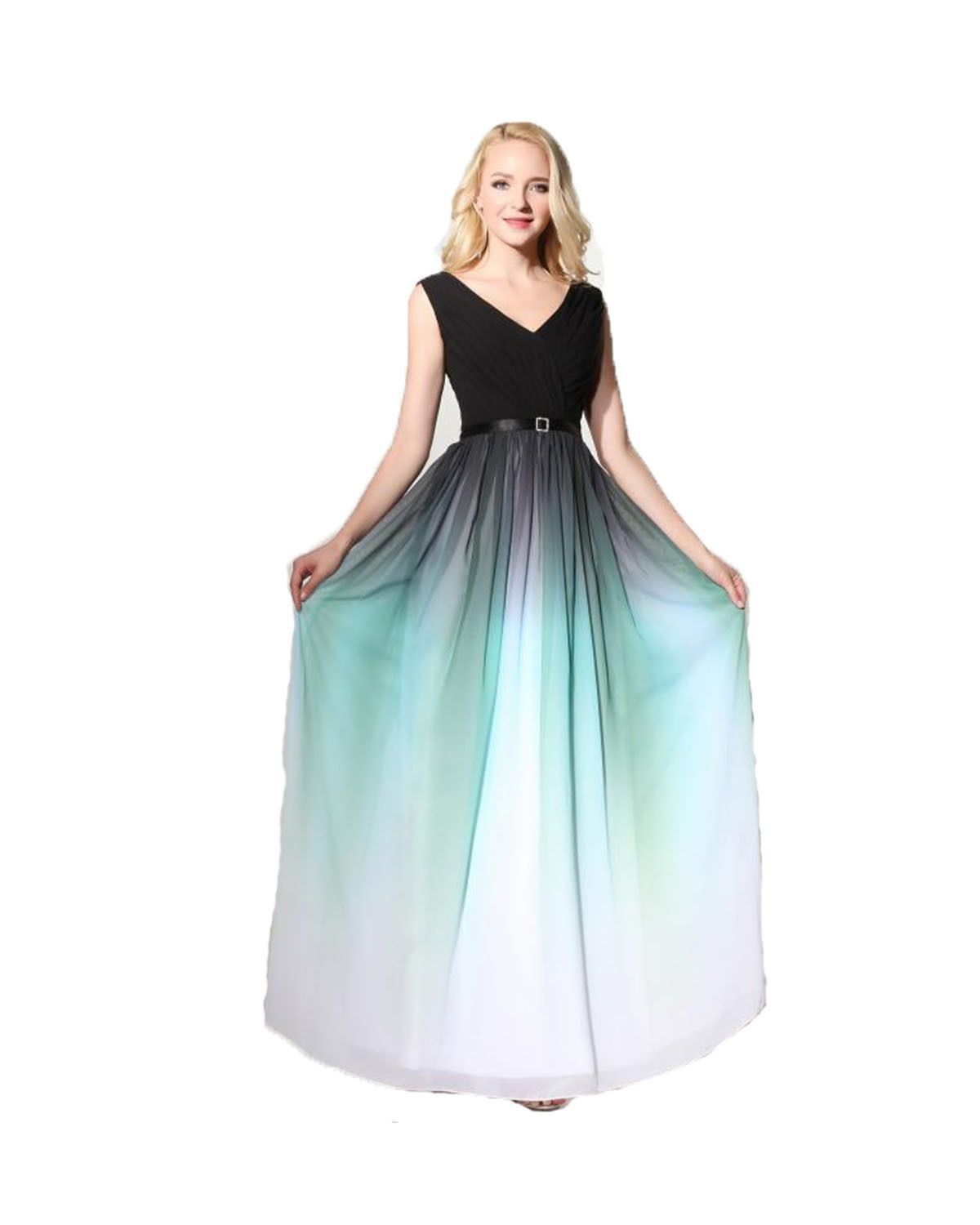 Color: Colorful Green, Size: S - Women&#39;s Two-shoulder Lace-up Colorful Chiffon Evening Dress