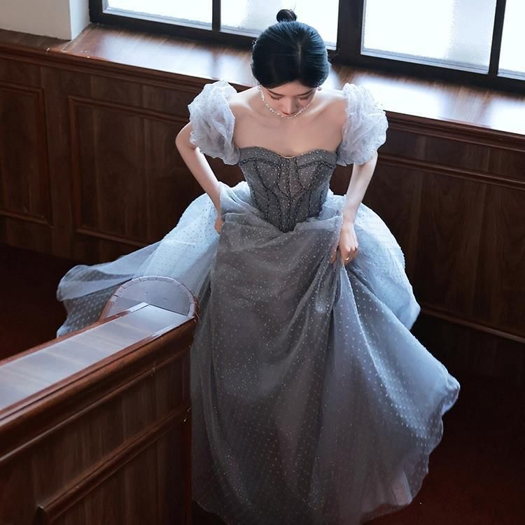 Color: Gray Blue, Size: M - Summer New French Fairy Temperament Heavy Industry Birthday Gift Banquet Host Evening Dress For Women