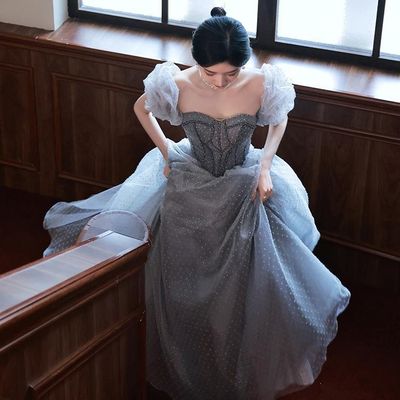 Color: Gray Blue, Size: M - Summer New French Fairy Temperament Heavy Industry Birthday Gift Banquet Host Evening Dress For Women