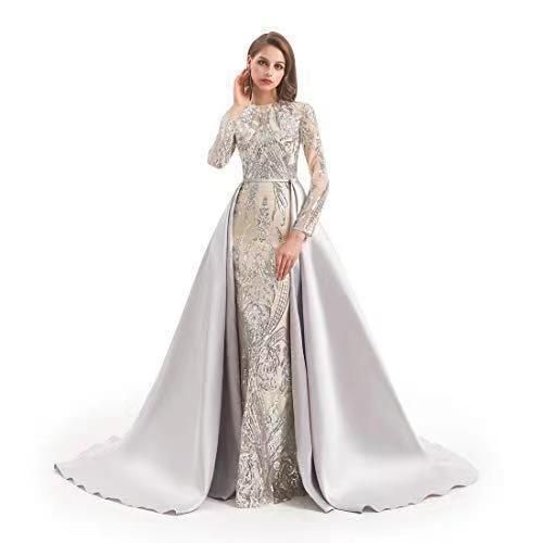 Color: Gray, Size: US26w - Women&#39;s Long-sleeved Trailing Evening Dress