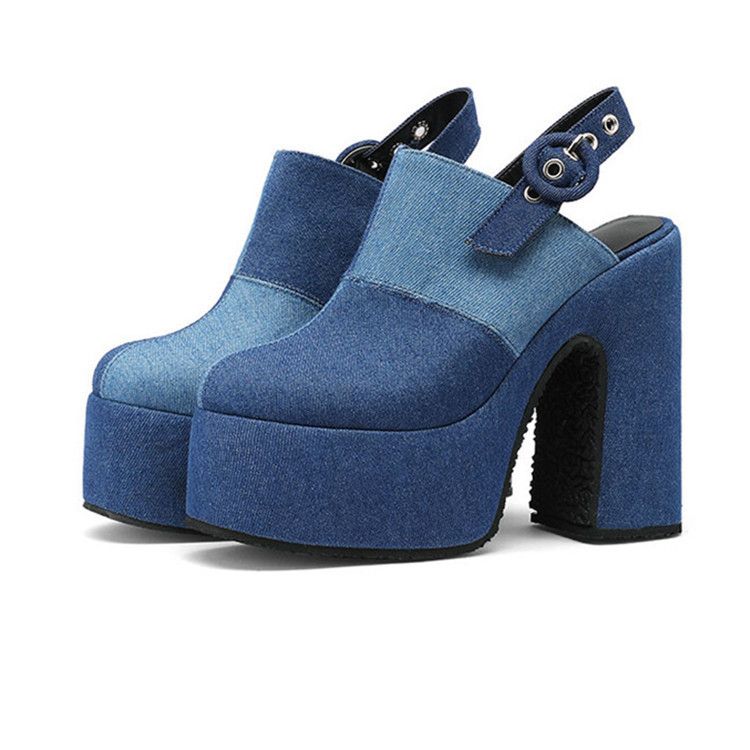Color: Blue, Size: 39 - Color Block Denim High Heel Toe Box Slingback Sandals