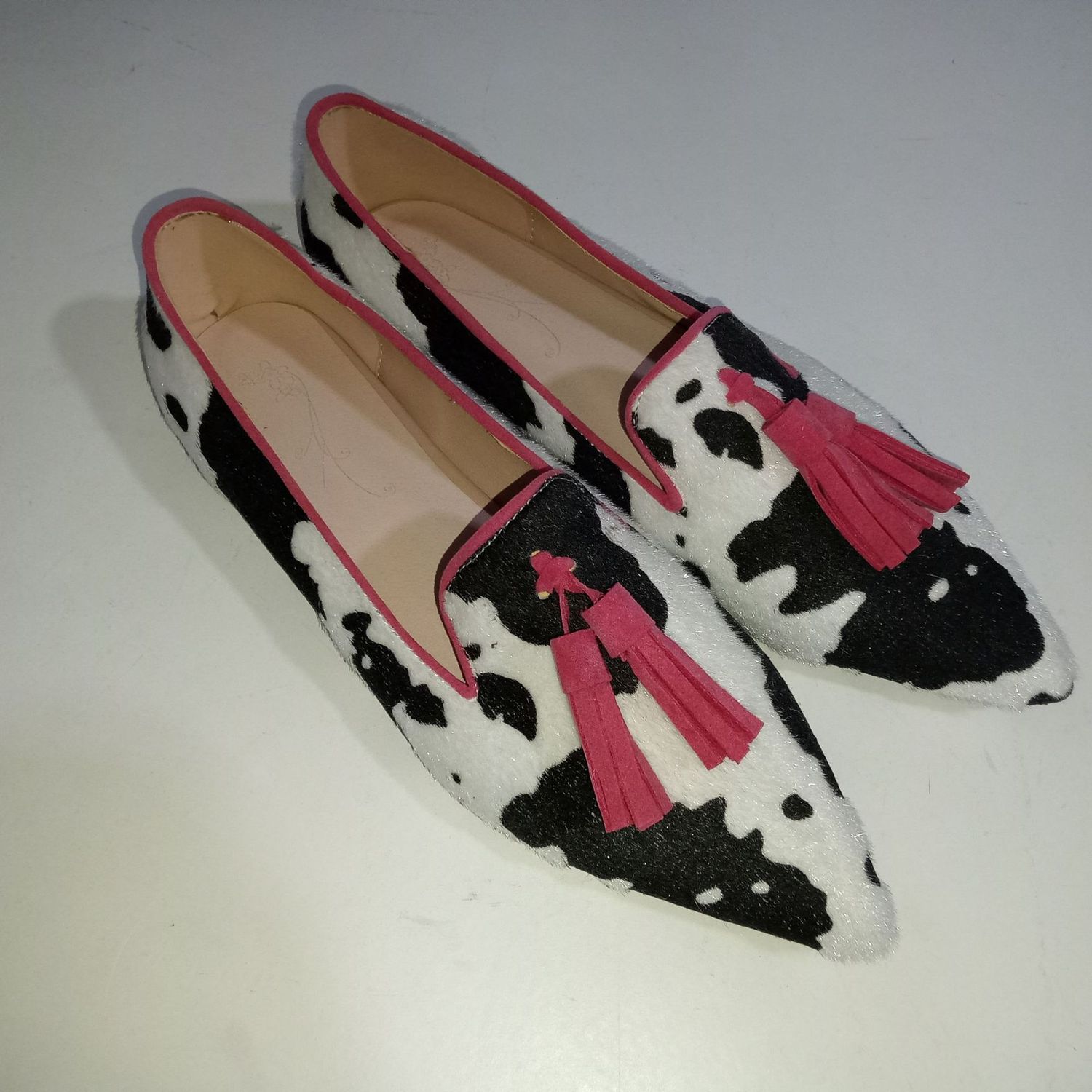 Color: Cow Pink Yellow Fruit Blue, Size: 43 - Women&#39;s Cows Pattern Tassel Casual Pumps