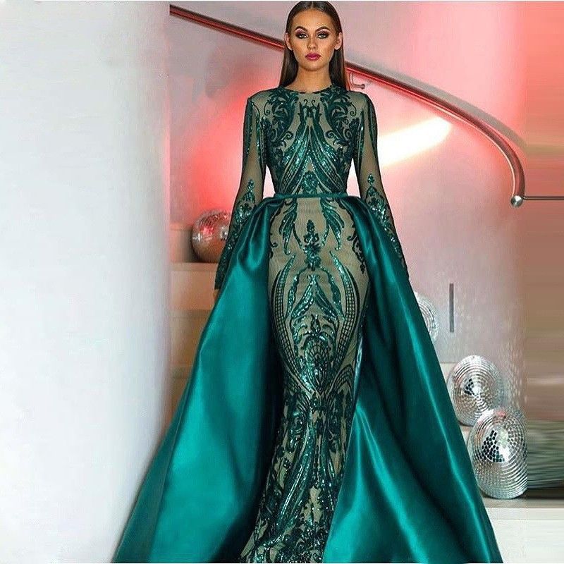 Color: Dark Green, Size: US16w - Women&#39;s Long-sleeved Trailing Evening Dress