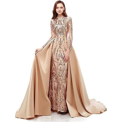 Color: Champagne, Size: US16 - Women's Long-sleeved Trailing Evening Dress