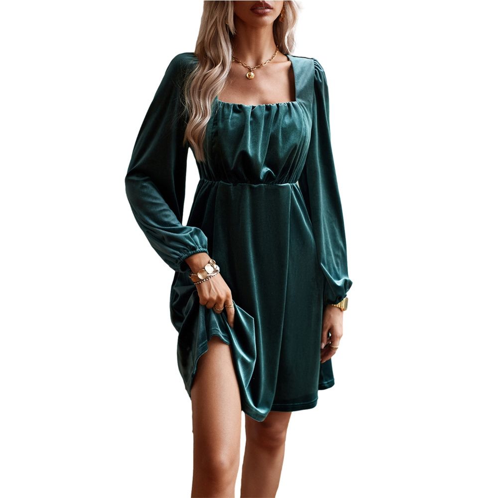 Women&#39;s Solid Long Sleeve High Waist A Line Flowy Velvet Dress