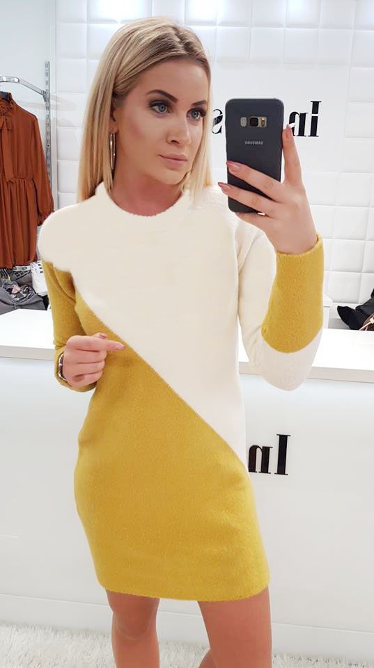 European and American fashion women&#39;s color matching two-color knit sweater dress