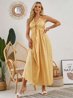 Bohemian Halter Maxi Dress - Women&#39;s Summer Sleeveless Flowy Beach Dress